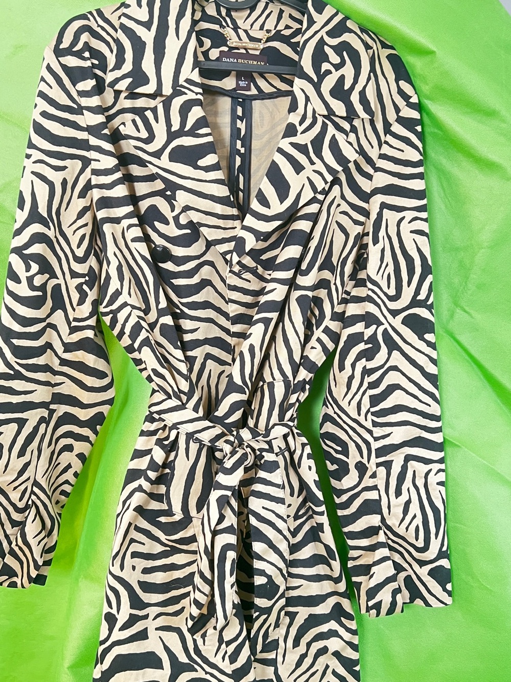 Dana Buchman Black & Cream Zebra Print Wrap Trench Coat